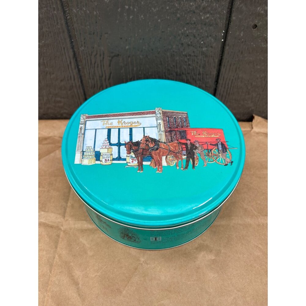 The Kroger Grocery & Baking Co. Round Tin Box Horse-Drawn Wagon Advertisement